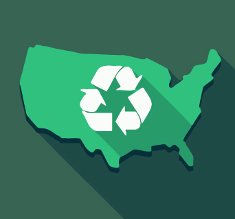Illustration of recycling symbol on top of the map of the USA